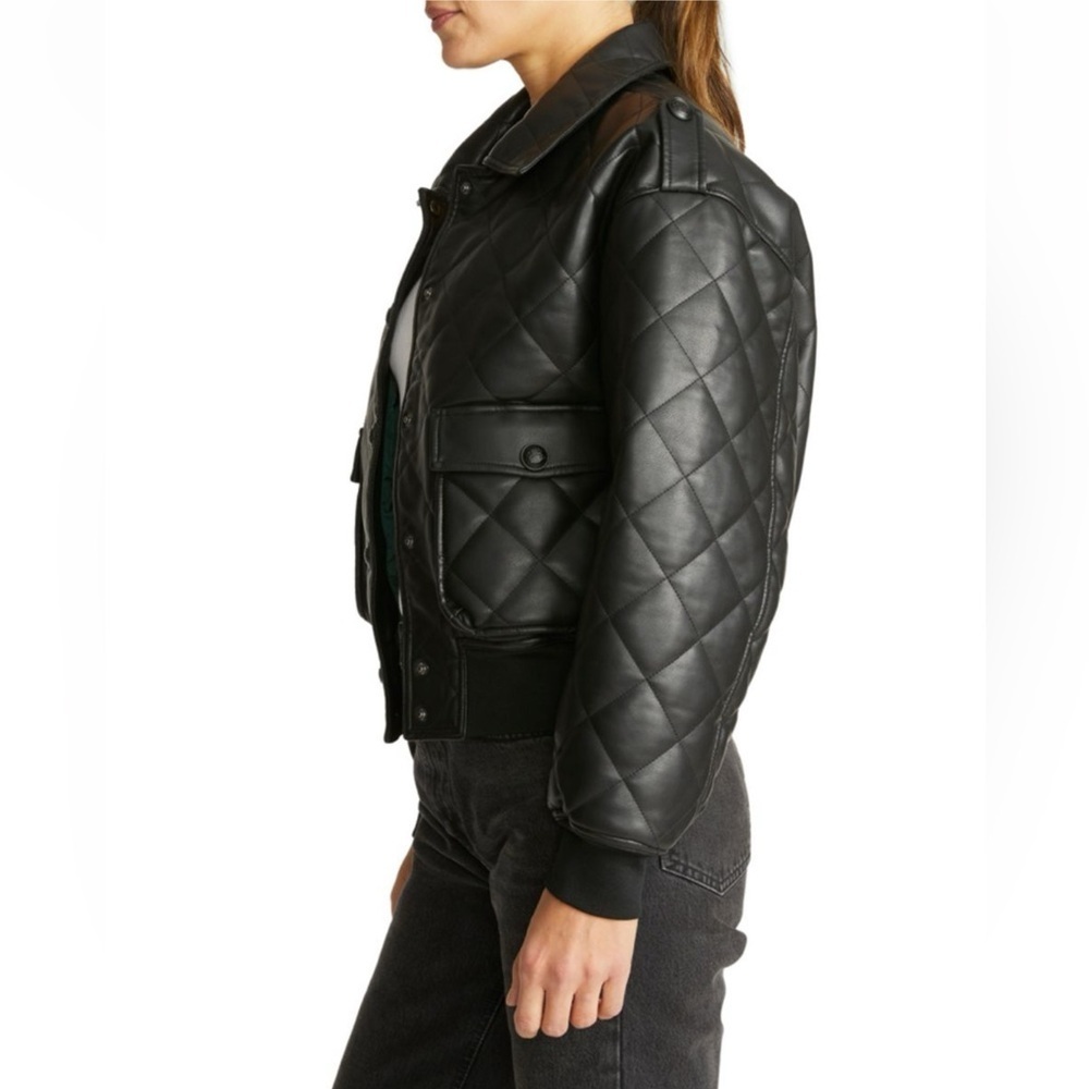Rebecca Minkoff Black Quilted Oversized Vegan Leather Bomber Jacket Women’s L - Picture 3 of 13